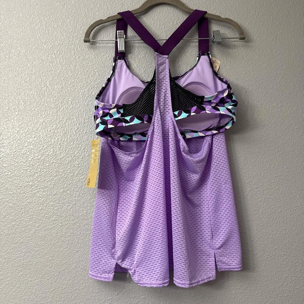 ZEROXPOSURE Purple Striped 2 in 1 Mesh Tankini Top Wide Strap UPF 30+